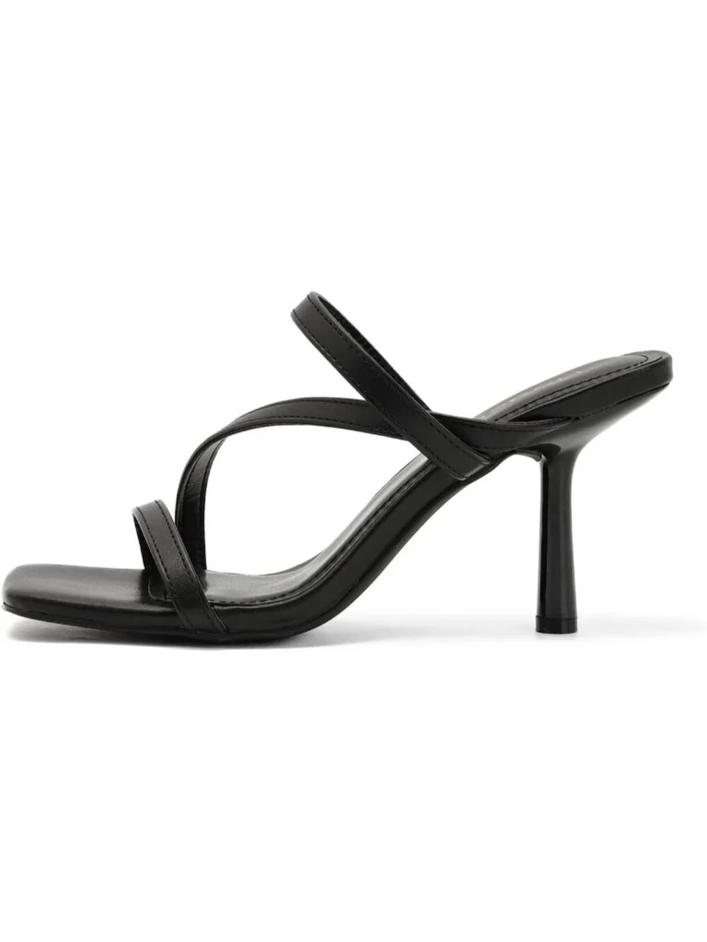 Women's Black Faux Leather Square Toe Strappy 3 Inch Mules Stiletto High Heels